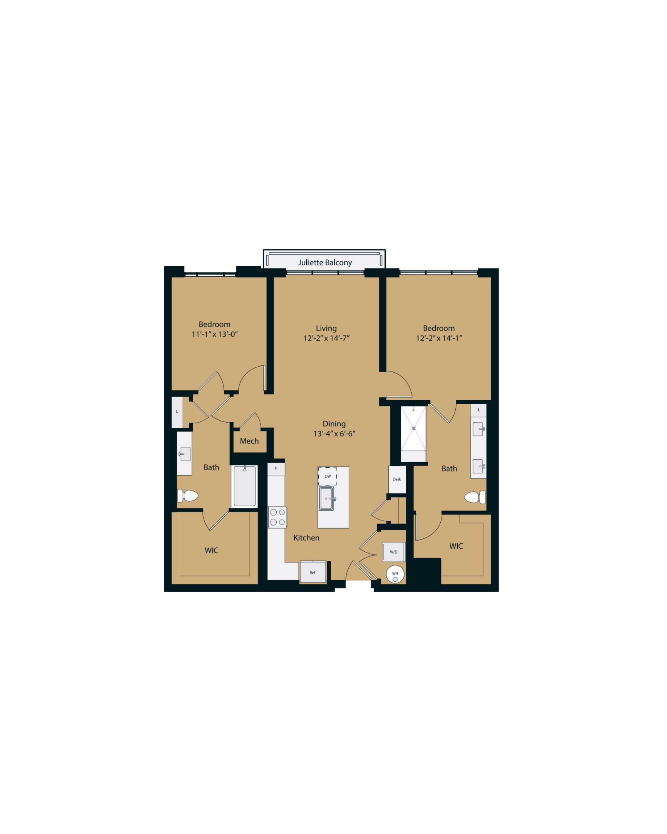 Floor plan for 2 beds, 2 baths, 1313 sqft